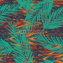 Naklejki Tribal ethnic seamless pattern with geometric elements and palm leaves.