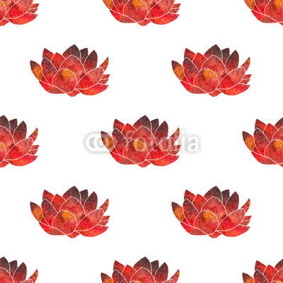 Red lotus. Seamless pattern with cosmic or galaxy flowers. Hand