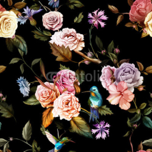 Fototapety Seamless pattern of carnation flowers, roses, peony, leaves, cornflowers and humming bird on black. Vintage style. Vector stock