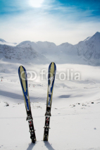 Naklejki Ski, skiing, winter, snow and sun - space for text