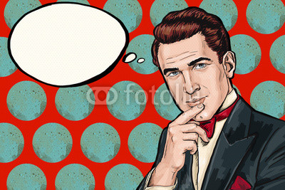 Vintage  thinking Pop Art Man with thought  bubble.Party invitation. Man from comics.Dandy. Gentleman club. think, thought, idea, thoughts,gigolo, look, pop art background, tuxedo