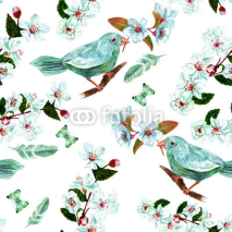 Naklejki Seamless background pattern with watercolor bird, flowers, feathers and butterflies