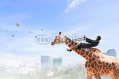 Woman ride giraffe . Mixed media
