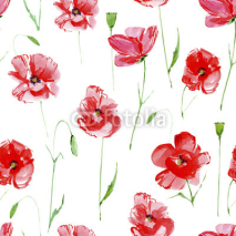 Obrazy i plakaty Poppy flowers.Floral seamless pattern.Watercolor hand drawn illustration.White background.Seamless pattern for fabric, paper and other printing and web projects.