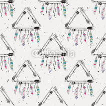 Fototapety Vector abstract grunge seamless pattern with tribal frames with ethnic arrows and feathers. American indian motifs. Boho style.