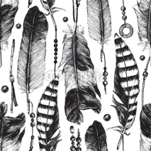 Fototapety Seamless pattern with hand drawn feathers