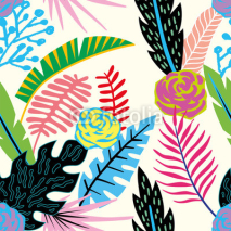 Obrazy i plakaty Cartoon tropical flowers and leaves seamless beige background