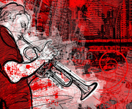 Naklejki trumpeter on a grunge cityscape background