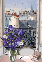 Naklejki Rysunek otwartego okna na dachu paryskiej kamienicy