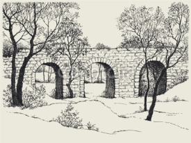 Fototapety Landscape sketch of an old stone bridge in the forest