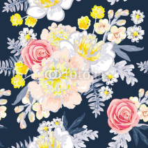 Fototapety Delicate bouquets on the dark blue background. Vector seamless pattern with flowers. Peony, daisy, rose, gillyflower, fern. Pastel yellow, pink, gray colors.
