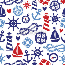 Naklejki Vector seamless pattern with sea elements: lighthouses, ships, anchors. Can be used for wallpapers, web page backgrounds
