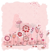 Fototapety Pink flowers and insects greeting card