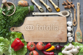 Naklejki Vegetables and spices vintage border and empty cutting board