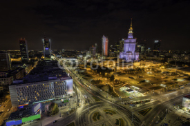 Naklejki Warsaw downtown at night aerial view, Poland