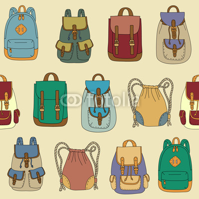 Seamless pattern with various backpacks