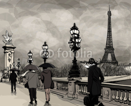 Naklejki Drawing of Alexander III bridge in Paris showing Eiffel tower
