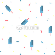 Fototapety Summer seamless pattern with ice cream and zigzag confetti. Geometric colorful background. Vector flat illustration. Isolated elements on white background
