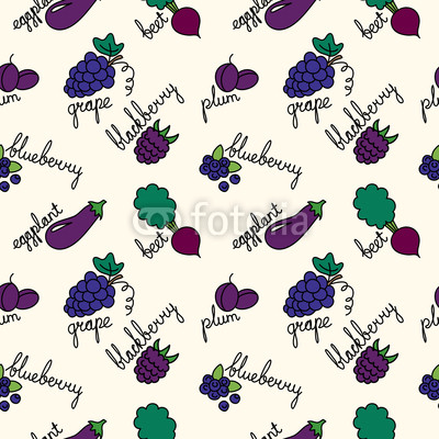 pattern with cartoon purple fruits and vegetables