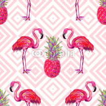 Naklejki Seamless summer tropical pattern with flamingo and pineapple vector background. Perfect for wallpapers, pattern fills, web page backgrounds, surface textures, textile