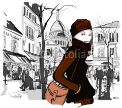 Naklejki Rysunek z kobietą na placu Montmartre