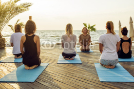 Naklejki group of young females practicing yoga on the seaside during the sunrisе