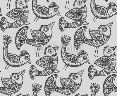 Seamless pattern with hand drawn fancy birds in ethnic style