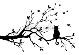 Naklejki cat on a tree with birds, vector