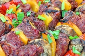 Fototapety Close-up Of Assorted Beef, Tomato, Pepper and Mushrooms Kebabs