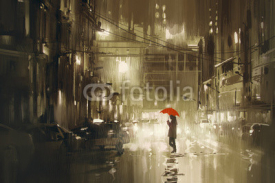 Naklejki woman with red umbrella crossing the street,rainy night,illustration