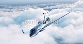 Obrazy i plakaty Image of black luxury generic design private jet flying in blue sky. Huge white clouds at background. Business travel concept. Horizontal . 3d rendering