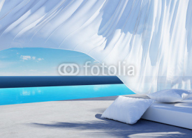 Fototapety Curtain wind blow, lounge sofa bed, pool suumer holiday