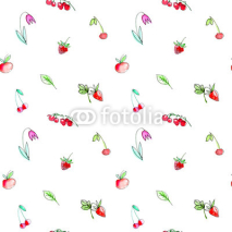 Fototapety Seamless pattern with garden fruits and berries.Cherry, raspberry, currant, strawberry, apple and flower. Watercolor hand drawn illustration.White background.