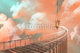 Fototapety rope bridge leading to the hanging lantern in a clouds,illustration painting