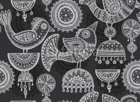 Naklejki Seamless pattern with hand drawn fancy birds in ethnic style