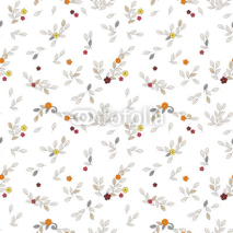 Obrazy i plakaty Floral seamless vector trendy pattern. Simple small red, yellow, orange flowers, grey and light beige curls and leaves with dark contour on white background.