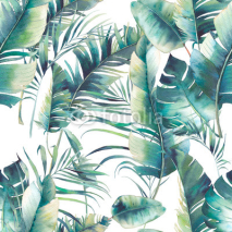 Naklejki Summer palm tree and banana leaves seamless pattern. Watercolor texture with green branches on white background. Hand drawn tropical wallpaper design