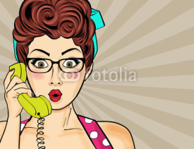 Fototapety Pop art  woman chatting on retro phone . Comic woman with speech