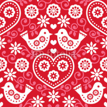 Naklejki Folk art red seamless pattern with flowers and birds