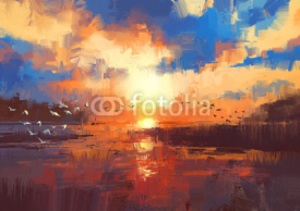 Naklejki beautiful painting showing sunset on the lake,illustration