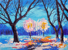 Obrazy i plakaty Abstract oil painting. Art brushstrokes watercolor. Modern and contemporary artwork. winter forest in the evening