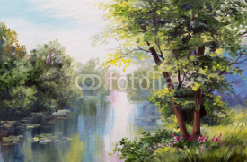 Obrazy i plakaty Oil painting landscape - lake in the forest, summer day