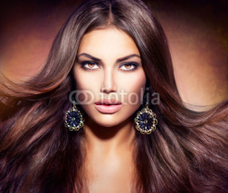 Naklejki Glamour Beautiful Woman with Blowing Brown Hair