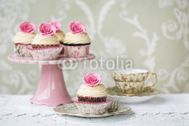 Fototapety Afternoon tea with rose cupcakes