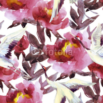Fototapety Hand painted watercolor peonies and crane birds