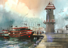 Naklejki fishing boat in harbor,digital painting