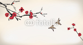 Naklejki Akwarelowy obraz kwiatów wiśni i ptaszków