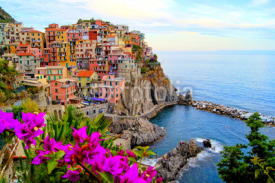 Fototapety Cinque Terre coast of Italy with flowers