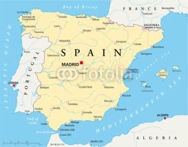 Fototapety Spain political map with the capital Madrid, national borders, most important cities, rivers and lakes. English labeling and scale. Illustration on white background. Vector.