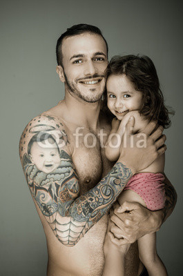 Father and daughter,  man with tattoo